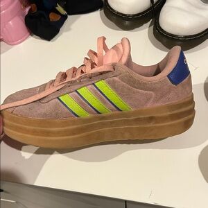 Adidas Pink Suede Sneakers with Blue and Yellow Stripes